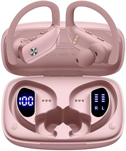 bmani Wireless Earbuds Bluetooth Headphones 48hrs Play Back Sport Earphones with LED Display Over-Ear Buds with Earhooks Built-in Mic Headset for Workout Pink