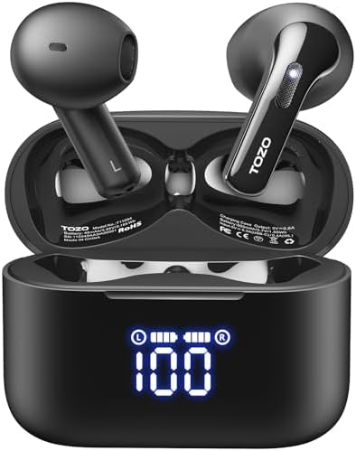 TOZO Tonal Fits T21 Wireless Earbuds, 5.3 Bluetooth Headphone, Sem in Ear with Dual Mic Noise Cancelling, IPX8 Waterproof, 44H Playback Stereo Sound with Power Display Wireless Charging Case Black