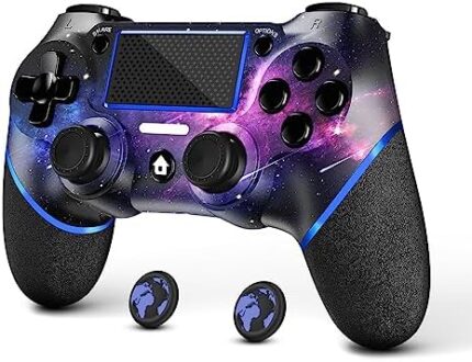 Wireless Controller for PS4 with 2 Thumb Grips, 3.5mm Audio and Turbo Function, Purple Galaxy Custom Design V2 Gamepad Joystick for PS4, Compatible with PS4, Slim, Pro and Windows PC