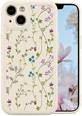 RALEAVO Floral Case for iPhone 13, Flower Branch Pattern Design Cute Cover Case for Girls Women Slim Thin Soft Silicone Shockproof Anti-Slip Phone Case for iPhone 13 (6.1"),Beige