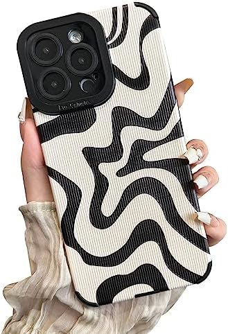 Sayoaho Designed for iPhone 14 Pro Max Phone Case, Soft PU Leather TPU and Cute Art Wavy Painted for Women Girls, Slim Protective Shockproof Compatible with iPhone Case (Beige, iPhone 14 Pro Max)